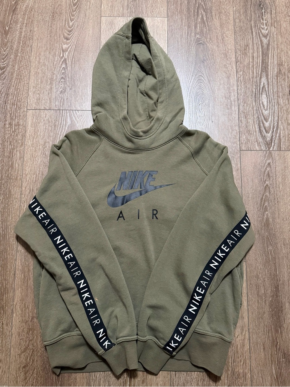 Nike Olive Green Hooded Sweatshirt with Nike Air Tape Sleeves